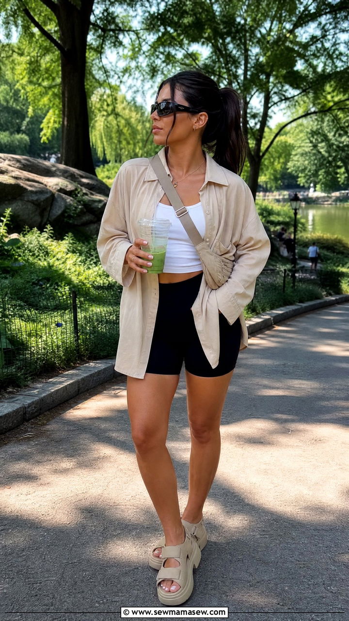 Beige Oversized Shirt with Bike Shorts and Chunky Sandals - 30 Summer outfits in beige
