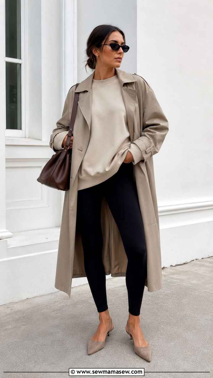 Beige Oversized Sweatshirt with Black Leggings and a Trench Coat - 30 Sweatshirt and leggings outfit ideas