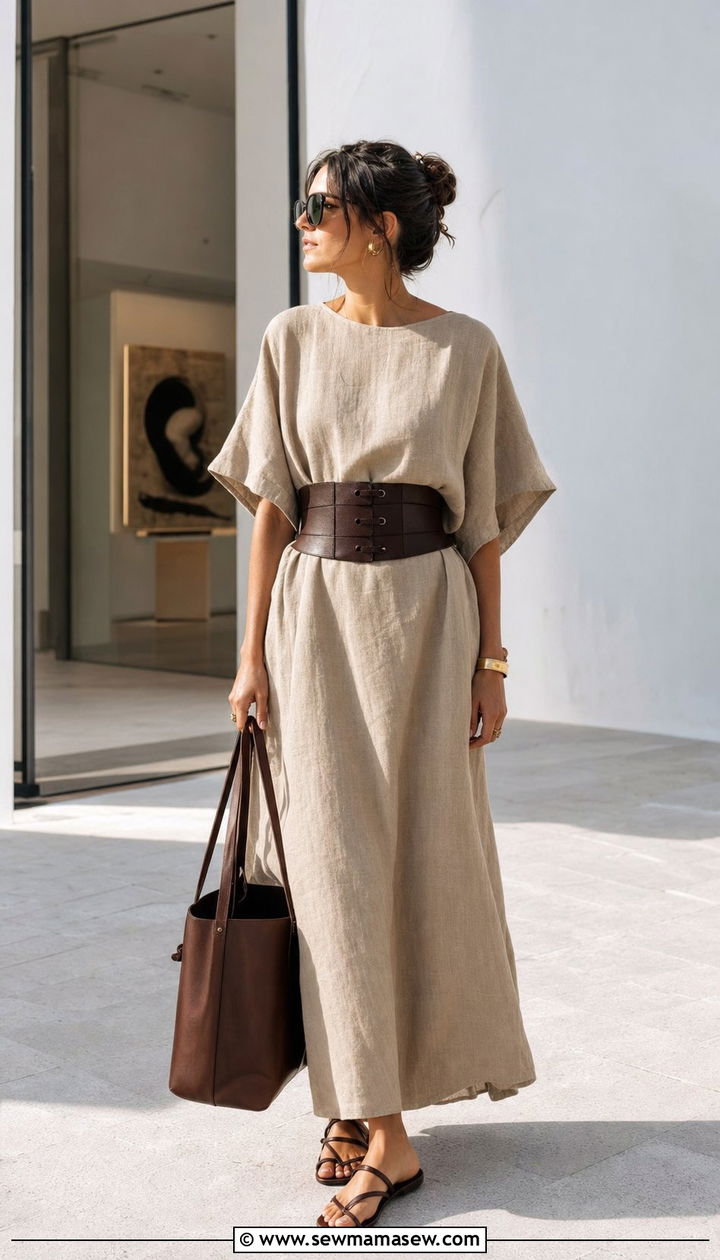 Beige Oversized Tent Dress with a Wide Leather Corset Belt - 35 Beige dress outfit ideas summer 2026