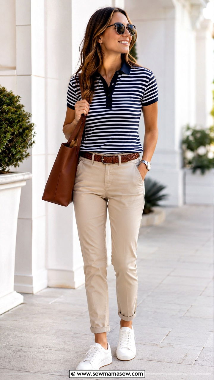 Beige Pants With Striped Polo Shirt - 30 office outfits Pinterest