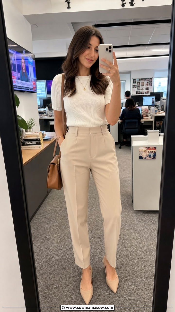 Beige Pants with Knitted White Top - 25 Journalist outfit ideas
