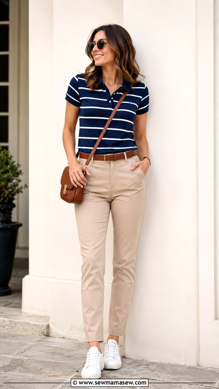 Beige Pants with Striped Polo Shirt - 30 Business casual outfits pinterest