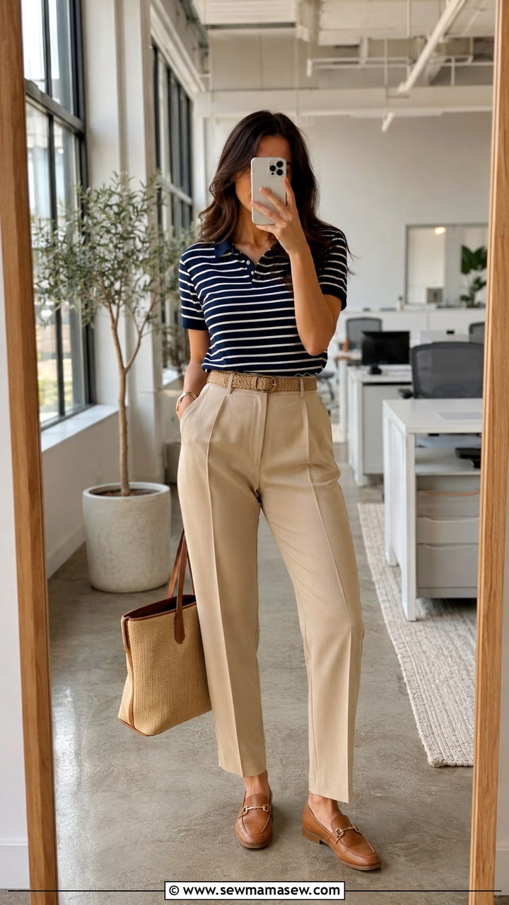 Beige Pants with Striped Polo Shirt - 30 office outfits aesthetic
