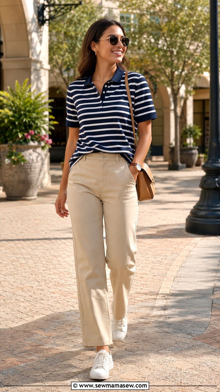 Beige Pants with Striped Polo Shirt - 30 Business casual outfits for Mondays