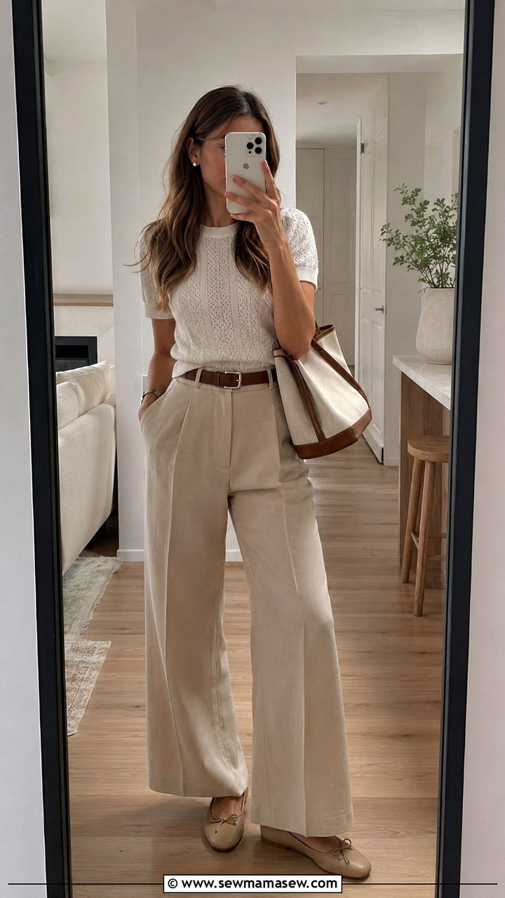 Beige Pants with White Knit Top - 30 chic office outfits for women