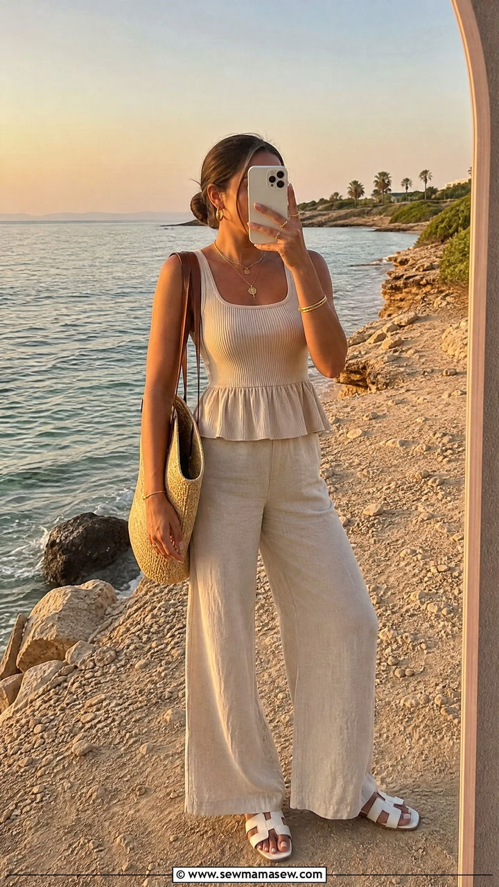 Beige Peplum Tank And Linen Wide Leg Trousers - 30 summer matching set outfit ideas