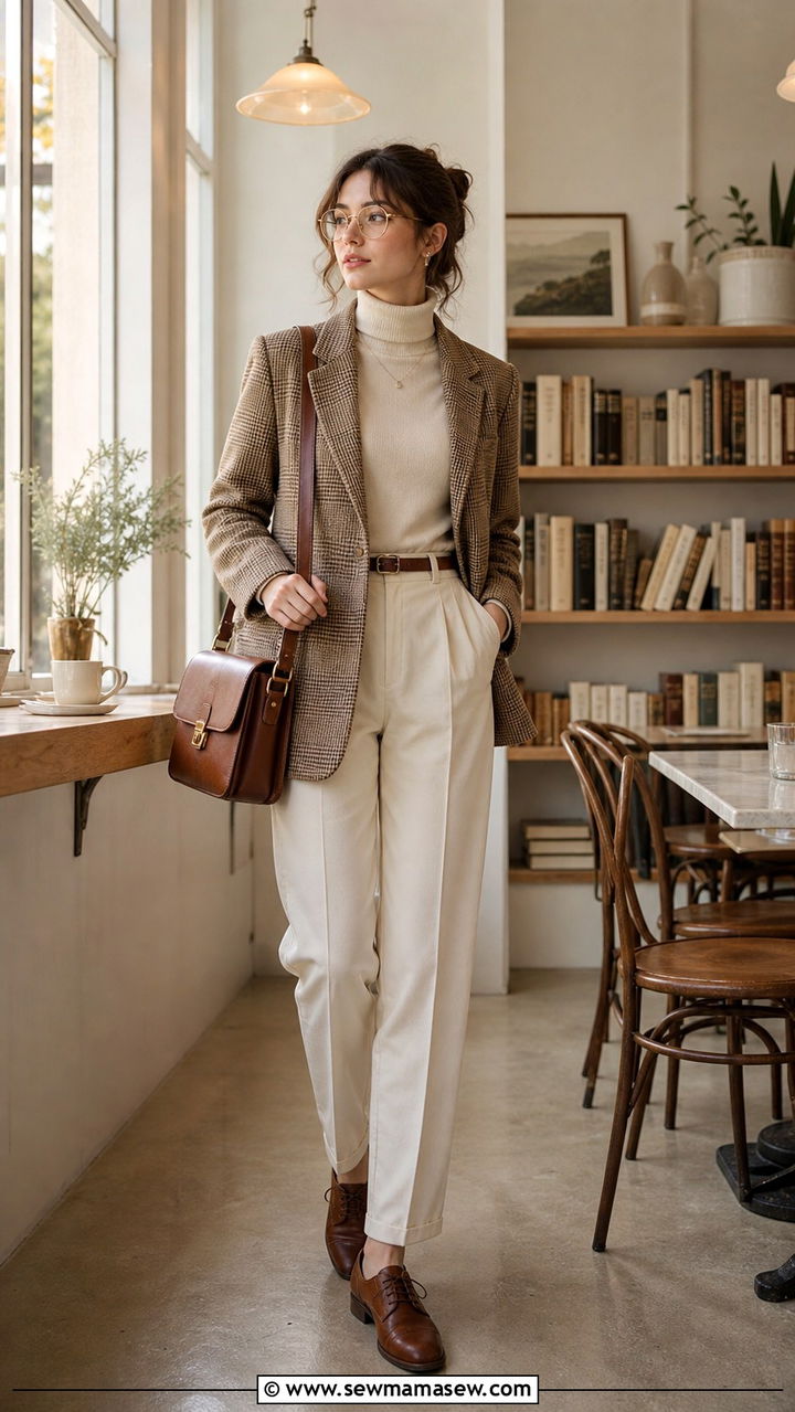 Beige Plaid Blazer And Cream Turtleneck - 40 light academia outfits ideas
