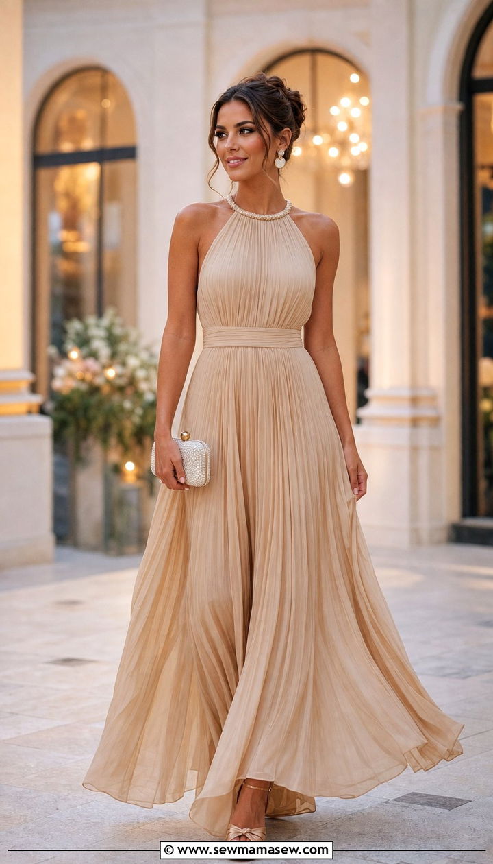 Beige Pleated Maxi Dress with Nude Platform Sandals - 35 Beige dress outfit ideas summer 2026