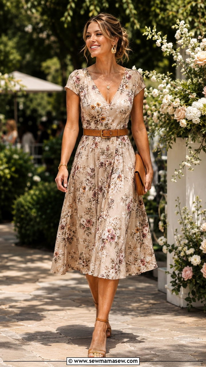 Beige Pleated Midi Dress With Pearl Details - 25 Beige dress outfit ideas for wedding guest