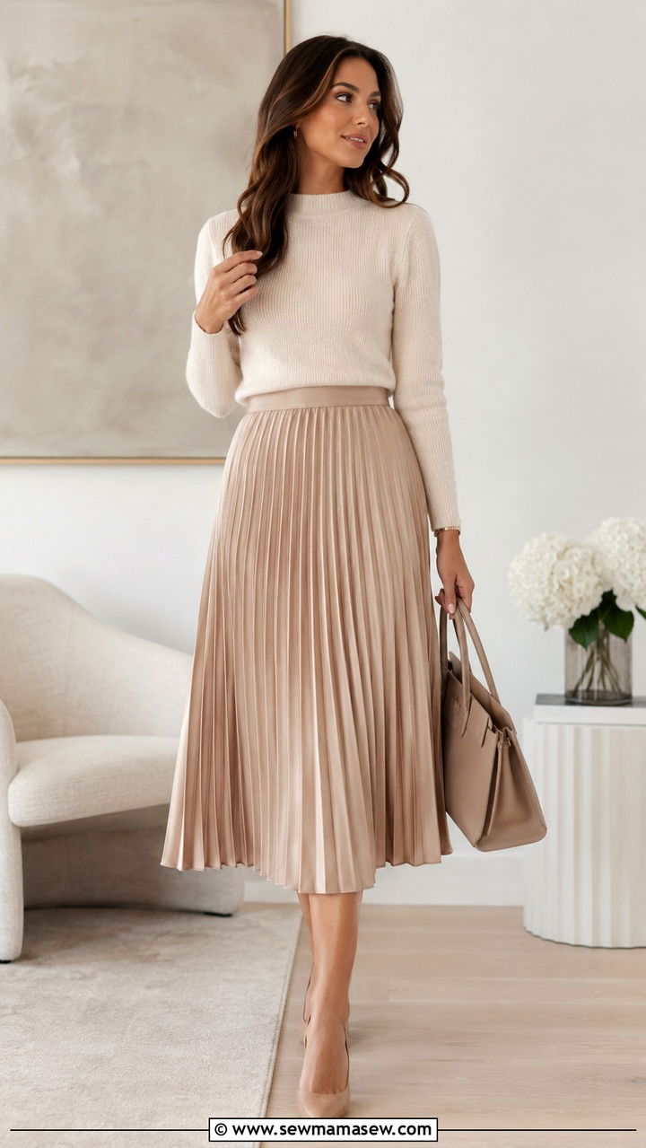 Beige Pleated Skirt With Cream Knit Top - 30 Pleated skirt outfit ideas for work