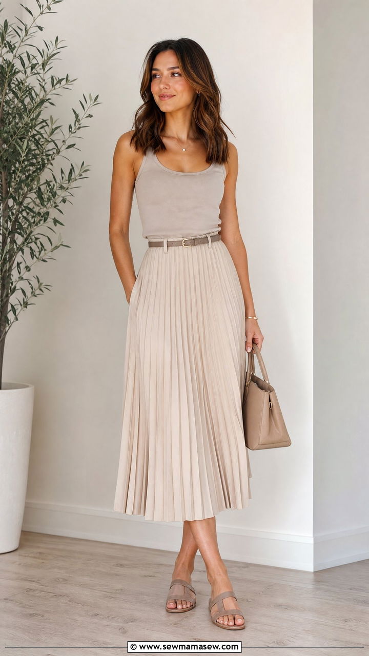 Beige Pleated Skirt with Taupe Sandals and Tank Top - 30 Summer outfits in beige