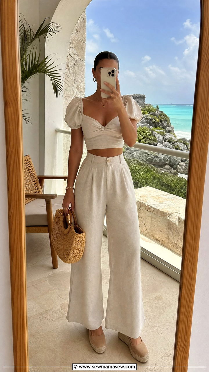 Beige Puff Sleeve Crop Top and Wide Leg Trousers - 35 Mexico summer outfit ideas