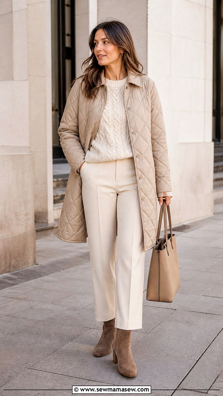 Beige Quilted Coat Outfit With Sweater - 40 Quilted coat outfit ideas