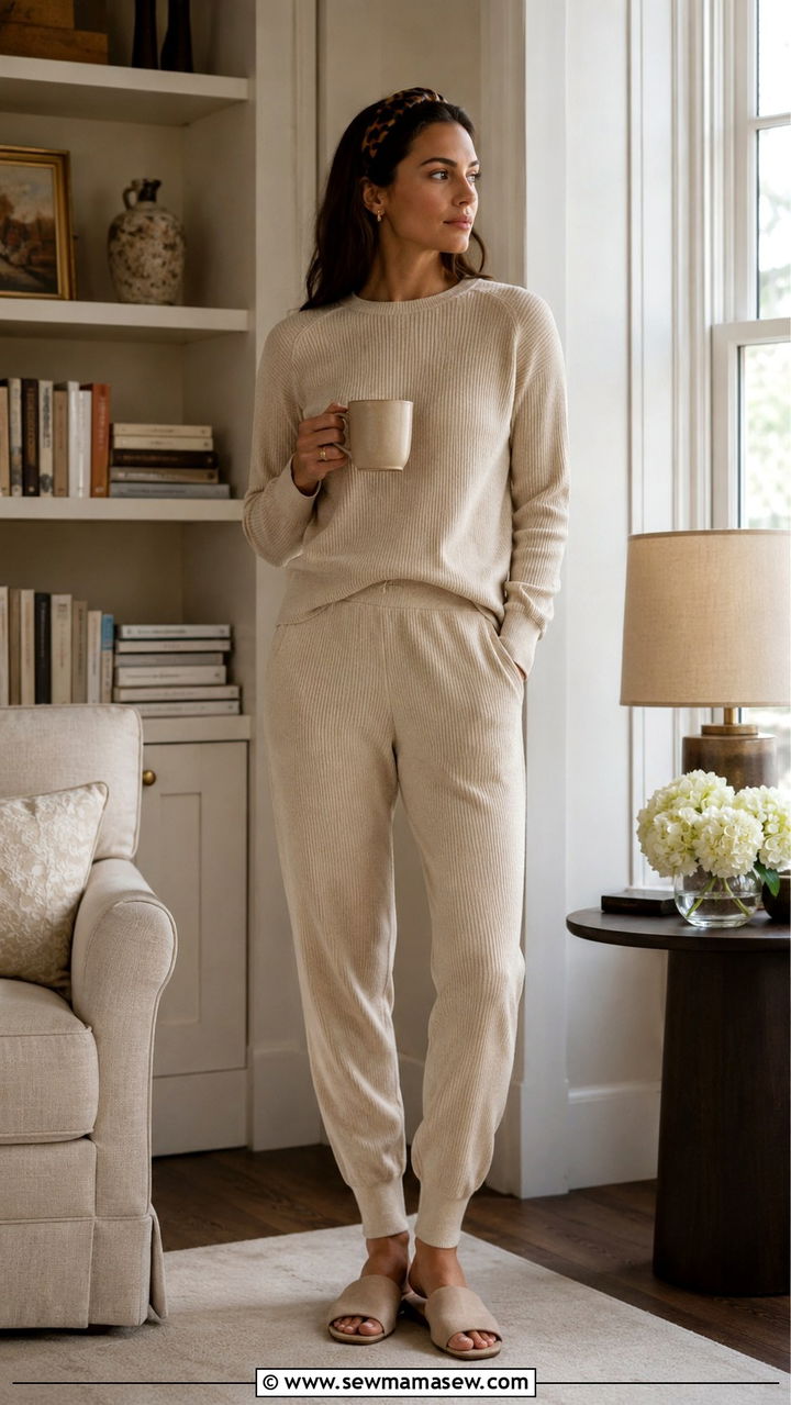 Beige Ribbed Knit Co Ord With Linen Slippers - 20 Old money loungewear outfit ideas