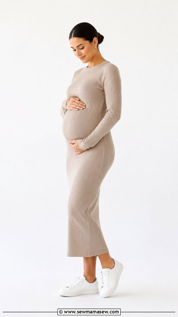 Beige Ribbed Knit Dress With White Sneakers - 30 Spring maternity photo outfits