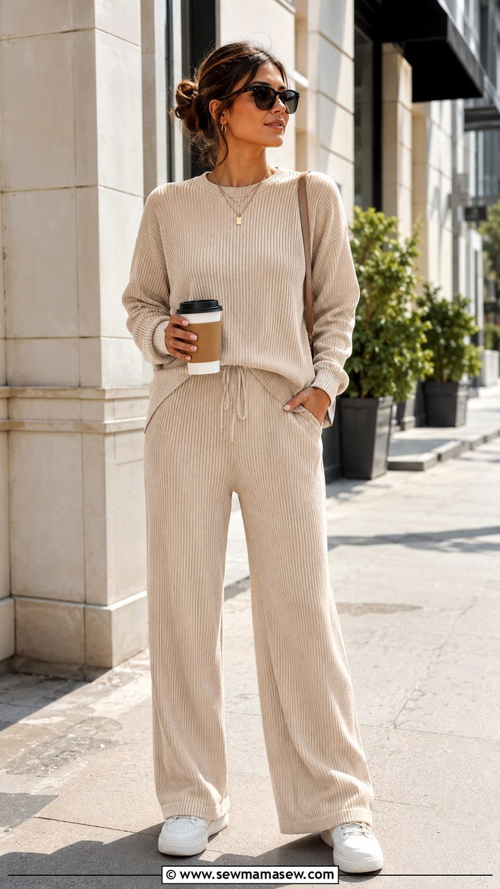 Beige Ribbed Knit Lounge Set With Sneakers - 25 Beige loungewear set outfit ideas