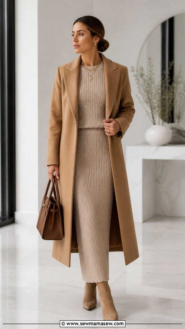 Beige Ribbed Knit Set With Long Wool Coat Outfit - 40 Beige outfit ideas