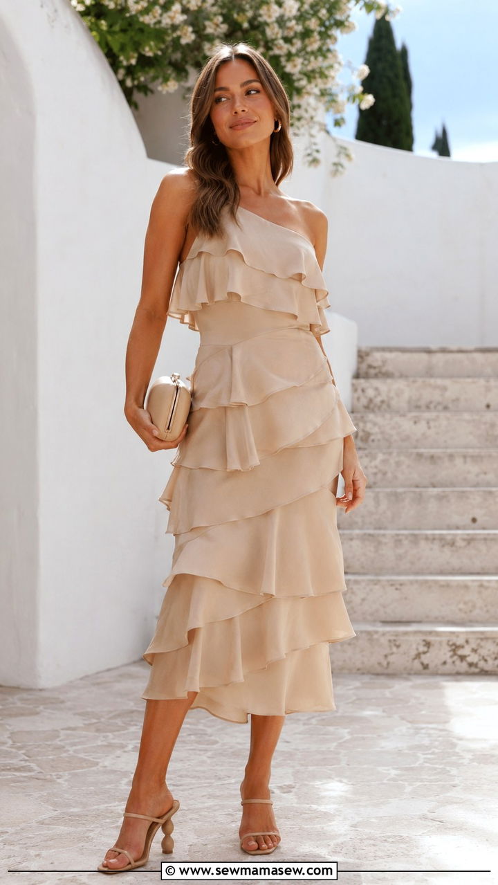 Beige Ruffled Dress With Sculptural Heels - 25 Beige dress outfit ideas for wedding guest