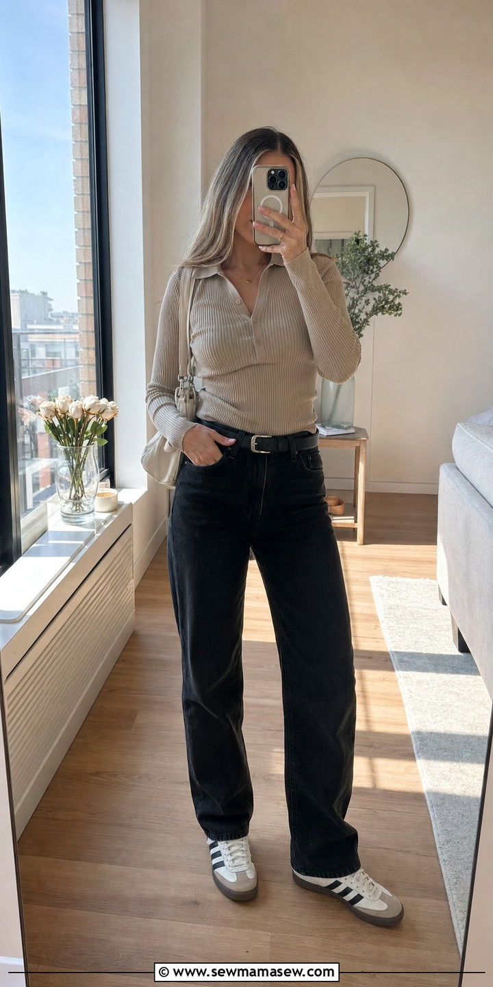 Beige Sambas With Ribbed Top And Relaxed Black Denim - 25 spring outfits with adidas sambas