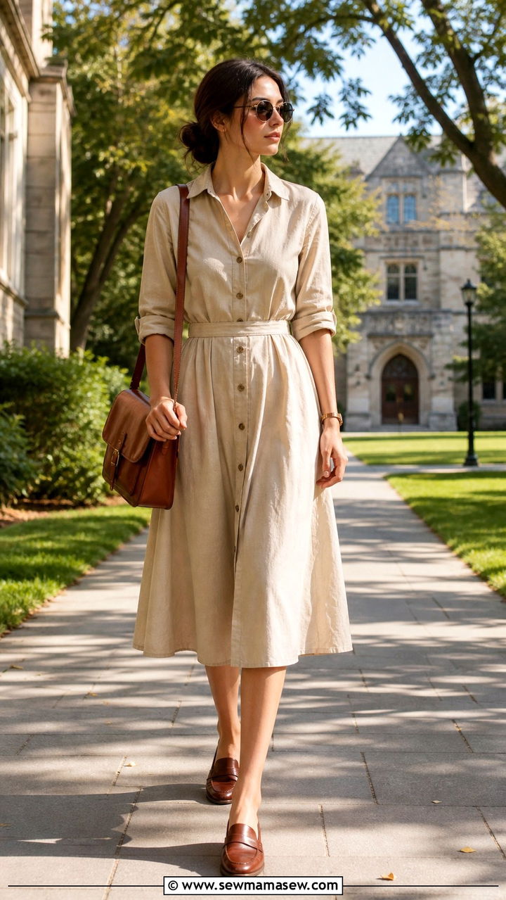 Beige Shirt Dress And Loafers - 40 light academia outfits ideas