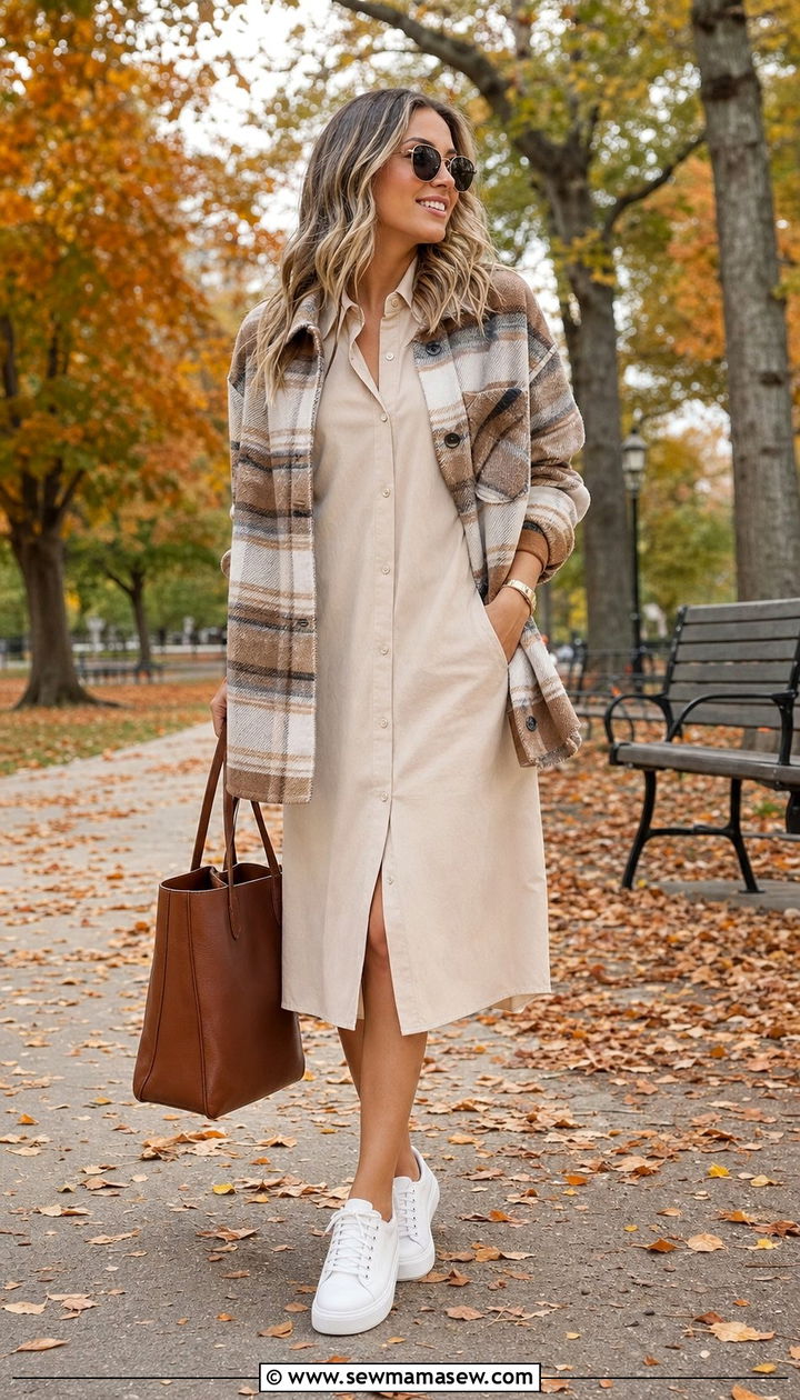 Beige Shirt Dress With Shacket - 25 Shirt dress outfit ideas with a jacket