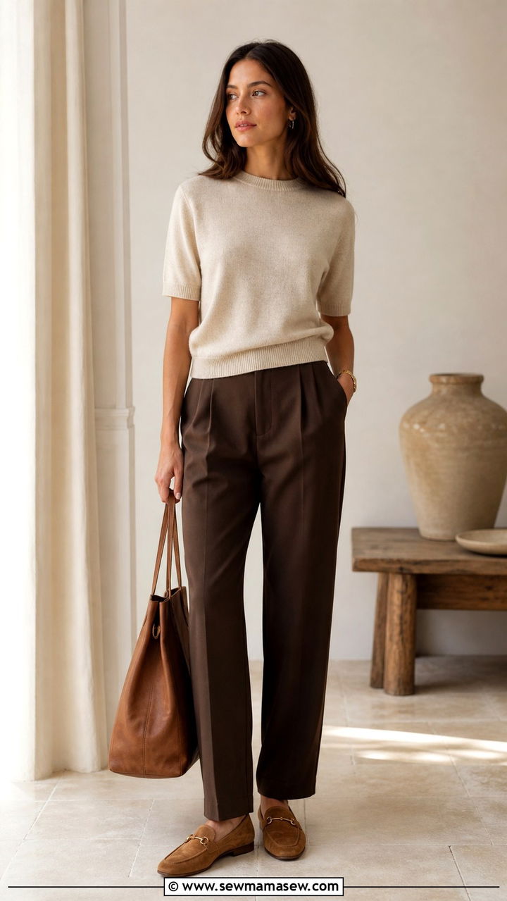 Beige Short Sleeve Knit Top with Brown Trousers - 40 business casual outfits for women