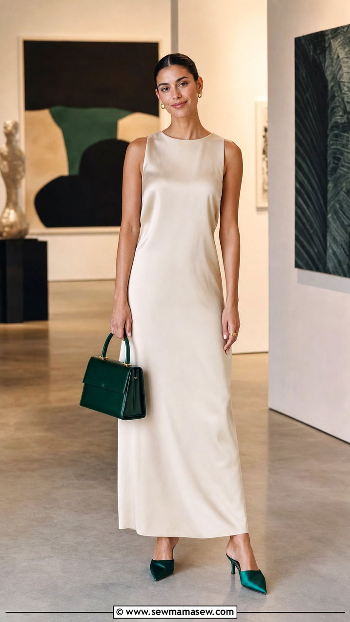 Beige Silk Column Dress with Emerald Green Accessories - 35 Beige dress outfit ideas summer 2026