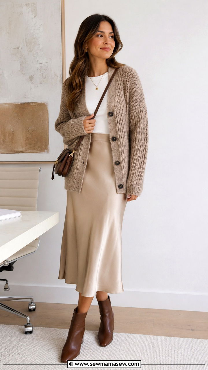 Beige Silk Skirt With Knitted Cardigan - 30 office outfits Pinterest
