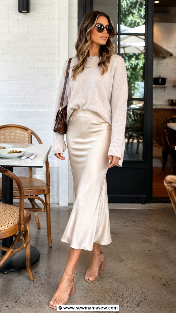Beige Silk Slip Skirt And Lightweight Knit Sweater - 30 Quiet luxury summer outfits