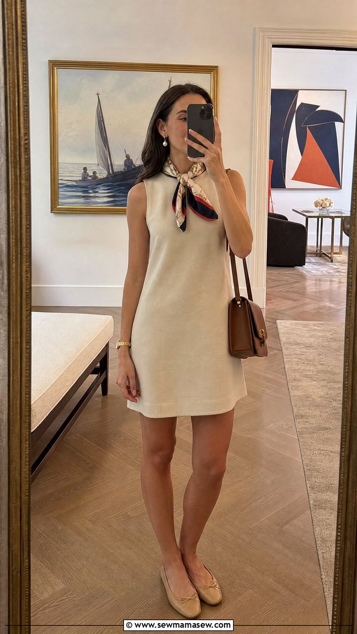 Beige Sleeveless Dress and Silk Scarf - 30 Old money outfit ideas for yacht club