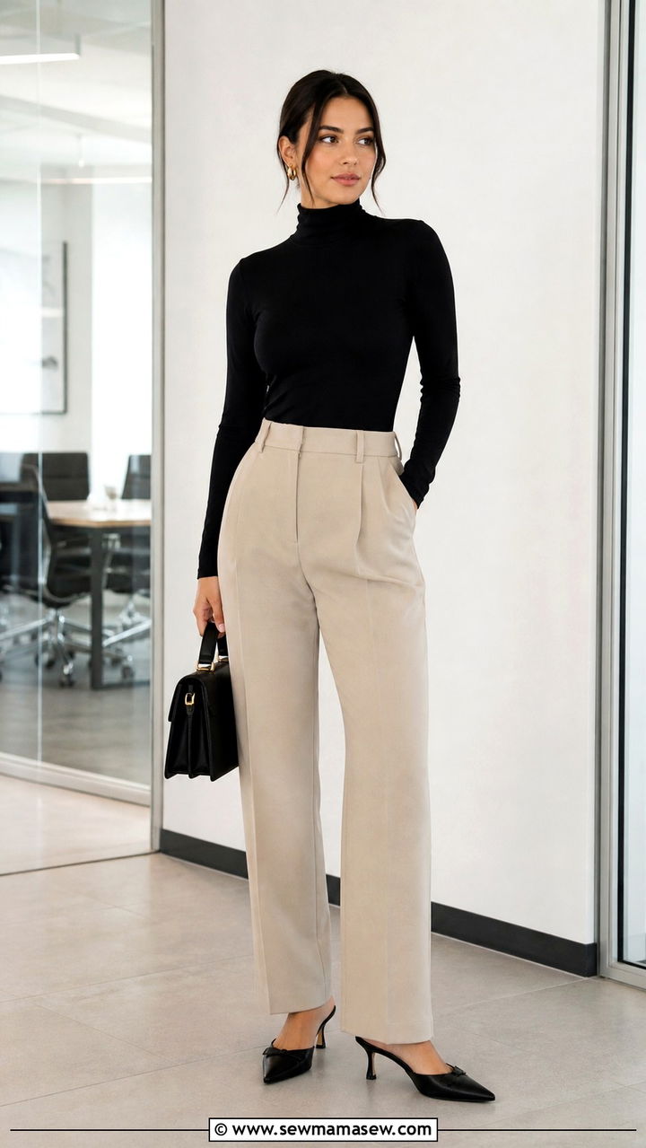 Beige Suit Pants with Black Bodysuit - 40 Corporate outfit ideas
