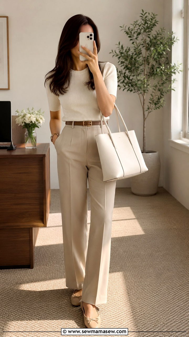 Beige Suit Pants with White Knitted Top - 30 office outfits aesthetic