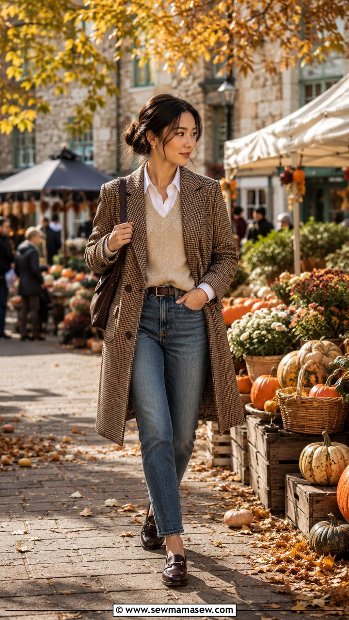 Beige Sweater Layered Over Cream Button Up and Checked Coat - 30 Old money outfits for petite women