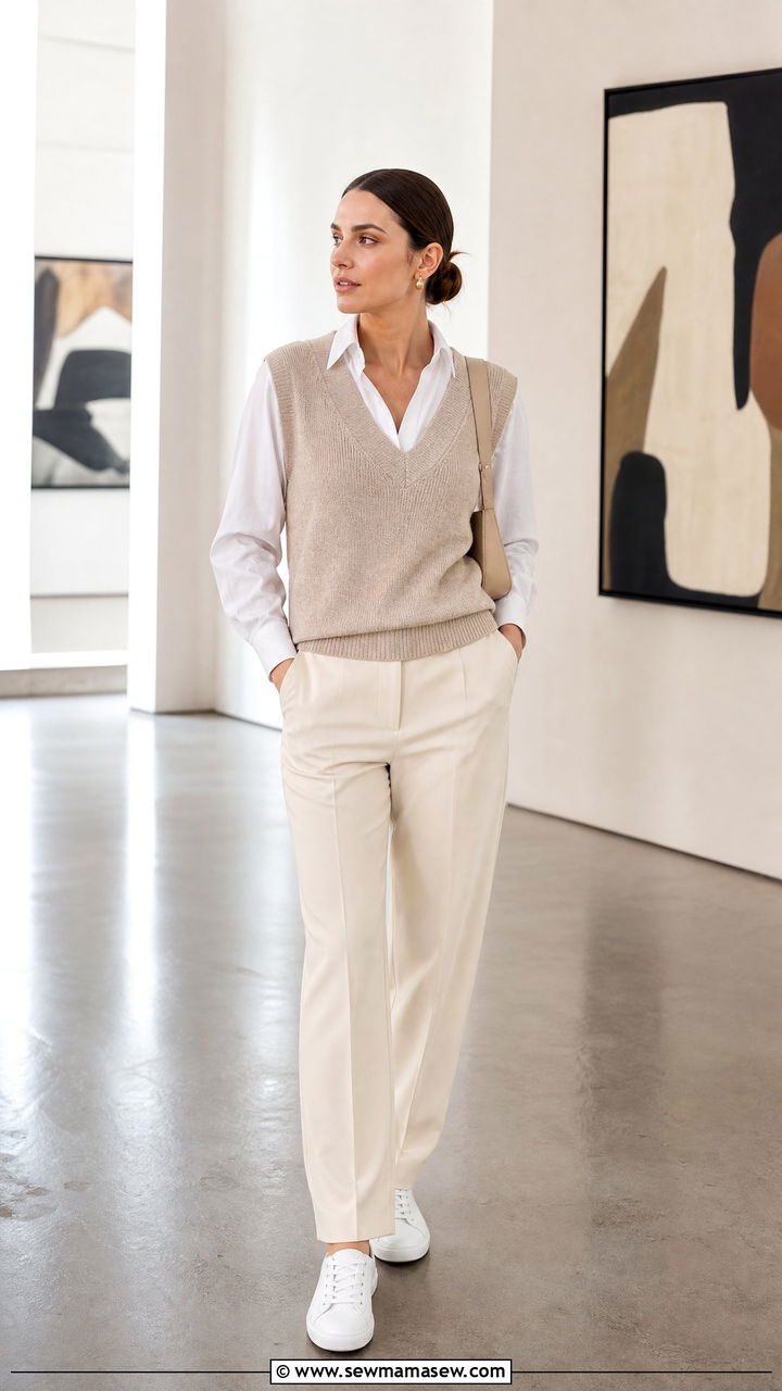 Beige Sweater Vest Over White Button Up - 30 clean girl outfits aesthetic