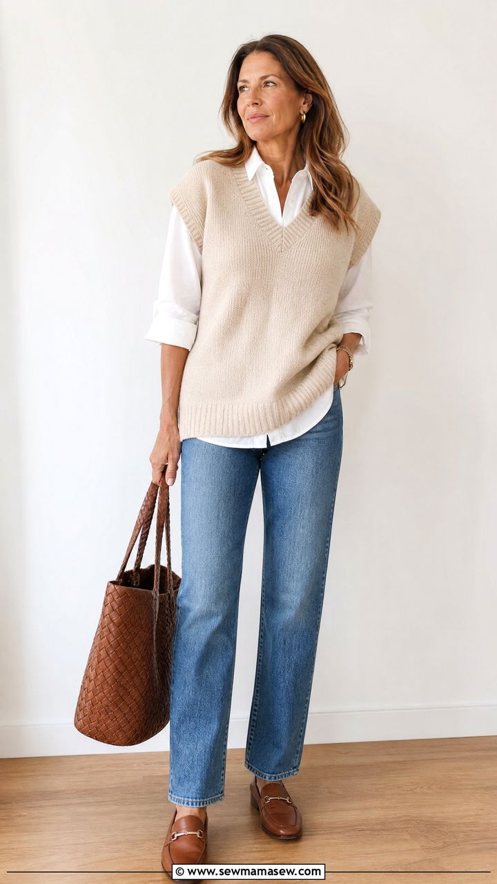 Beige Sweater Vest and Straight Leg Jeans - 25 casual coastal grandmother outfits