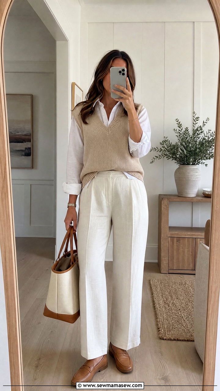 Beige Sweater Vest over White Button Down with Linen Pants - 30 Coastal grandmother summer outfits