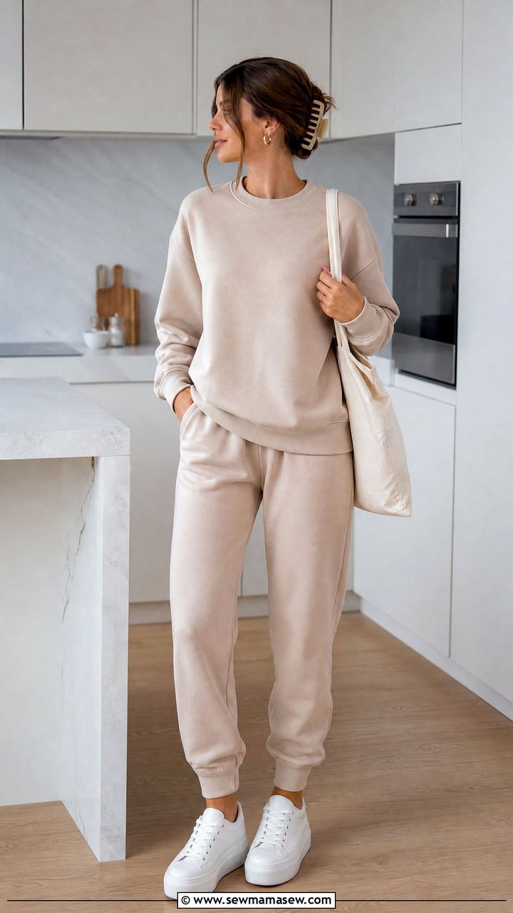 Beige Sweatshirt with Matching Joggers Outfit - 30 Clean girl loungewear outfit ideas