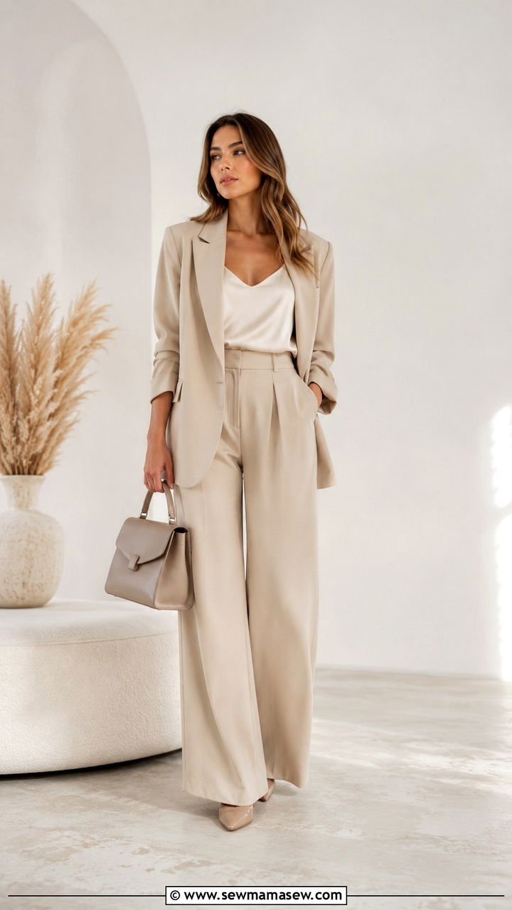 Beige Tailored Blazer and Wide Leg Trouser Set - 30 quiet luxury outfits aesthetic