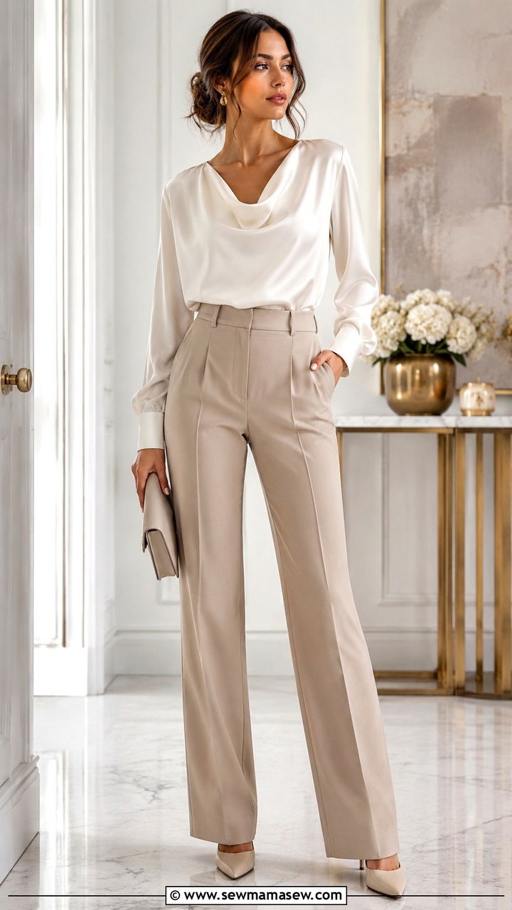 Beige Tailored Trousers With Silk Blouse - 30 Modest outfit ideas minimalist