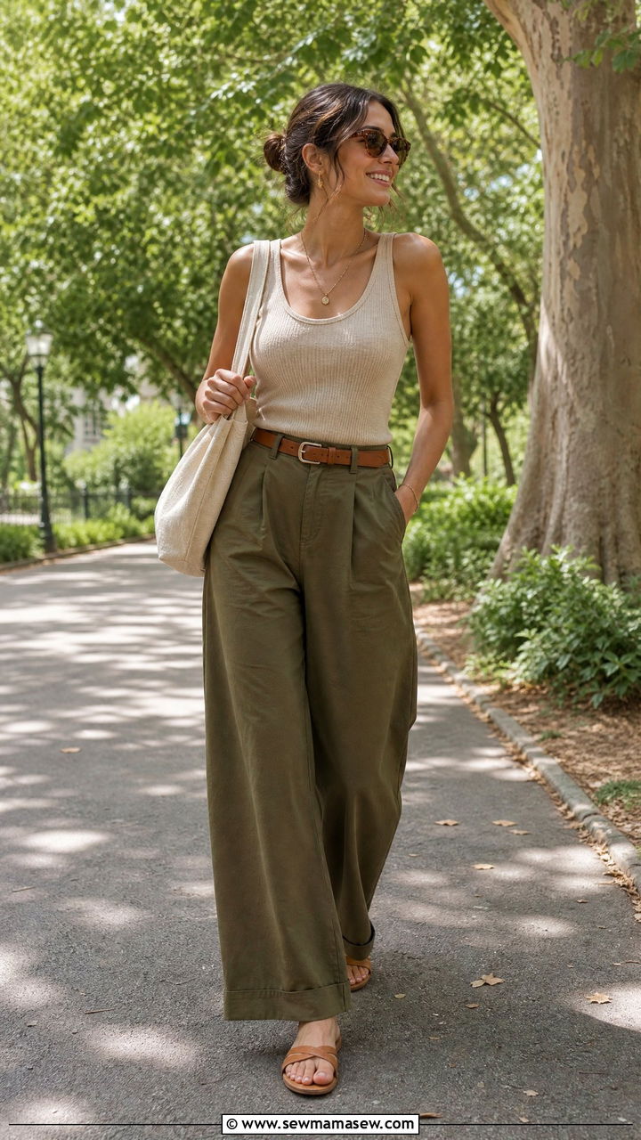 Beige Tank Top with Olive Green Wide Leg Khakis - 30 Summer outfits in beige