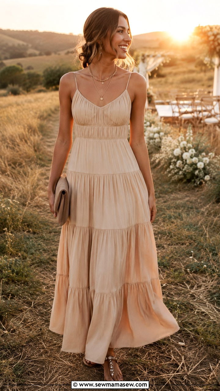 Beige Tiered Maxi Dress With Flat Sandals - 25 Beige dress outfit ideas for wedding guest