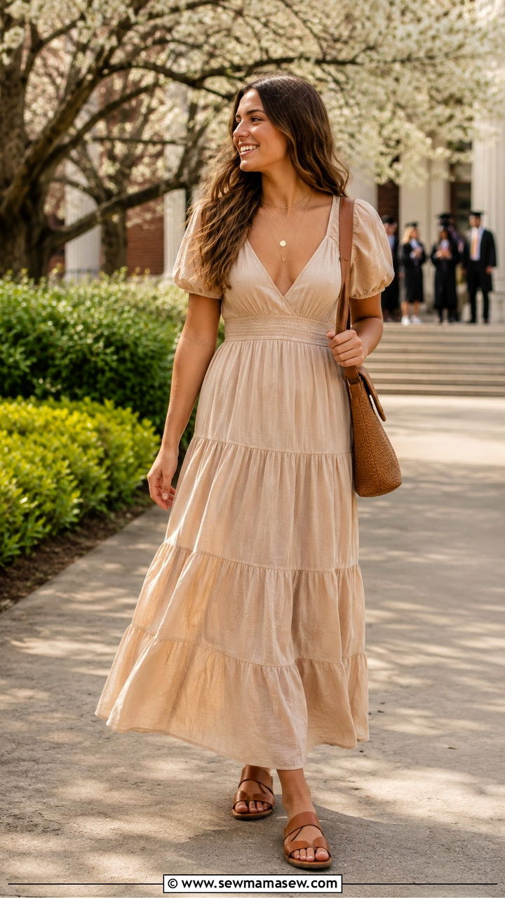 Beige Tiered Maxi Dress With Gold Jewelry - 30 Spring graduation party outfit ideas