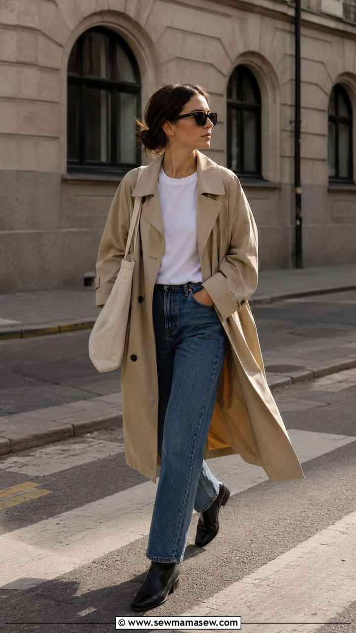 Beige Trench Coat And Blue Jeans - 30 Scandi minimalist outfit ideas