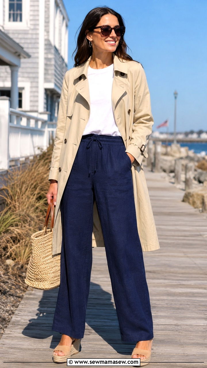 Beige Trench Coat Blue Linen Pants Outfit - 25 Wide leg linen pants outfit ideas with a trench coat