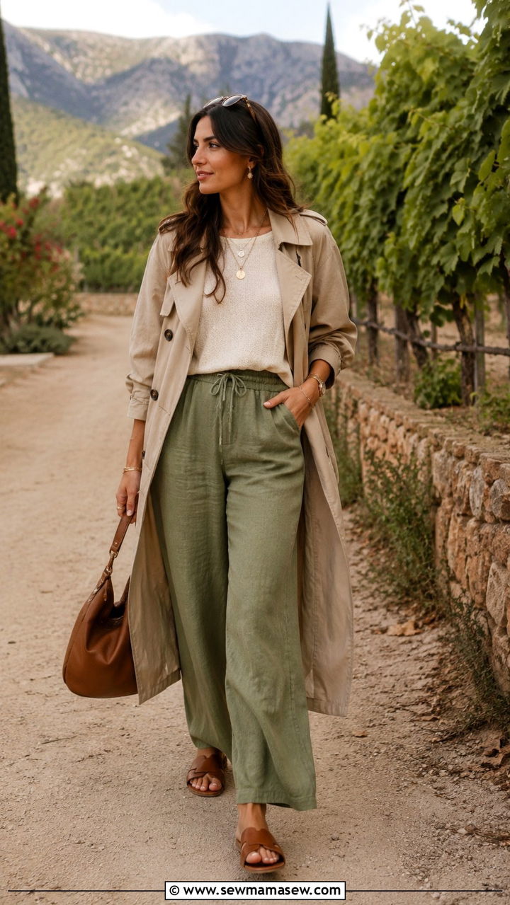 Beige Trench Coat Green Linen Pants Outfit - 25 Wide leg linen pants outfit ideas with a trench coat