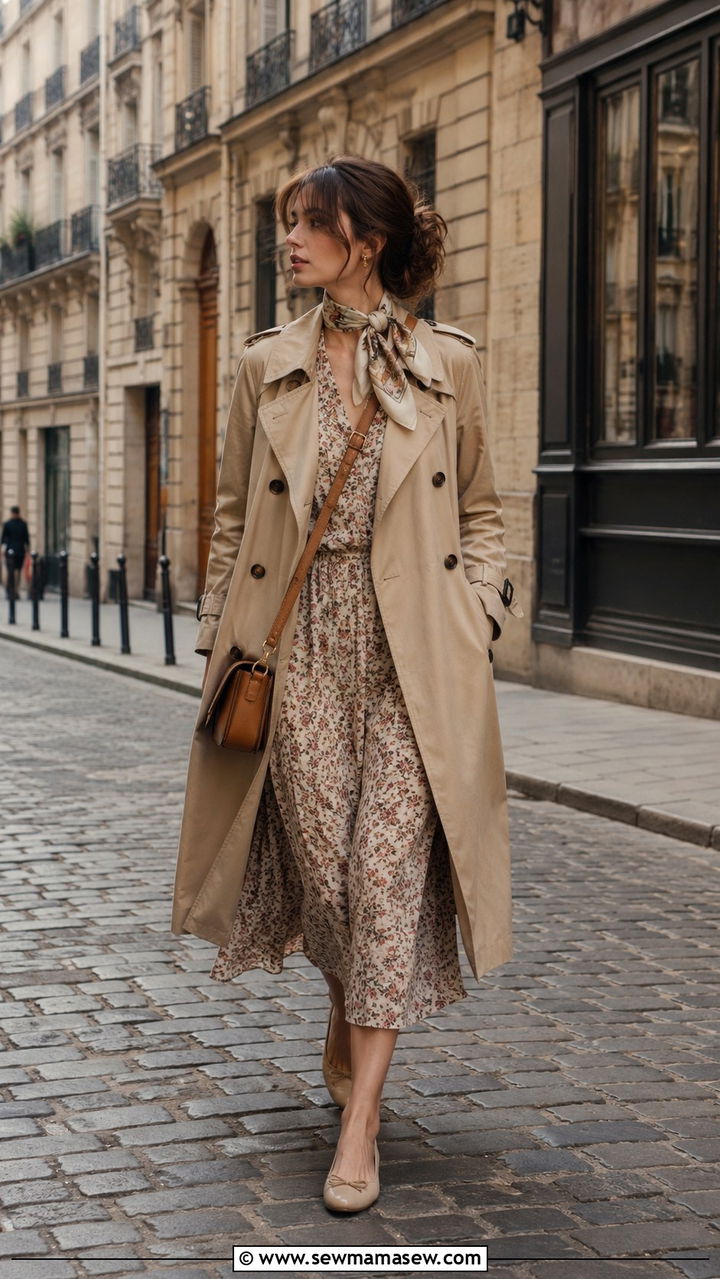 Beige Trench Coat Over A Floral Midi Dress And Ballet Flats - 30 Parisian work outfits