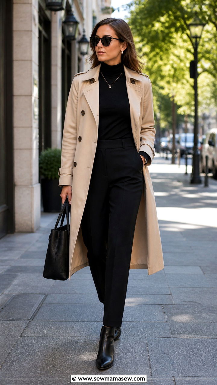 Beige Trench Coat Over All Black Base Outfit - 40 Beige outfit ideas