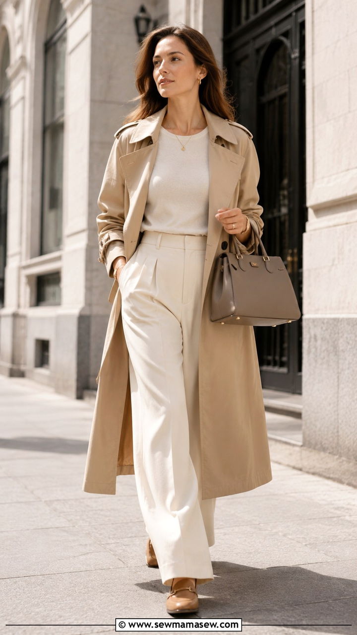 Beige Trench Coat Over Cream Wide Leg Trousers - 30 Quiet luxury outfit ideas 2026