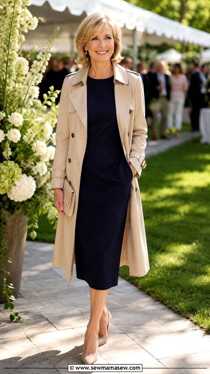 Beige Trench Coat Over Navy Jersey Midi Dress and Pointed Toe Pumps - 30 Capsule wardrobe women over 50
