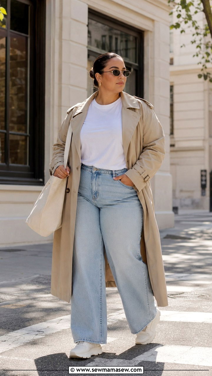 Beige Trench Coat Over White Tee and Light Wash Wide Leg Jeans - 25 Plus size outfit ideas clean girl